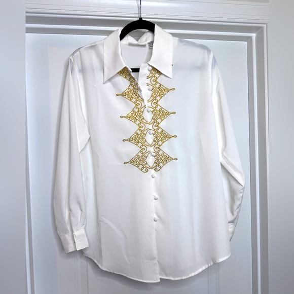 Vintage Ilyssa Maxx Button Up / Button Down White and Gold Blouse - Picture 1 of 7
